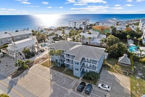 Enjoy stunning aerial views showcasing your getaway's unbeatable location near the water.