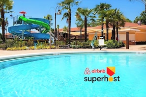 You have free access to the clubhouse with two pools, two water slides, jacuzzi, and restaurant.