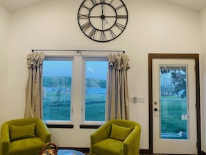 Lake view from living room. The high ceilings add to the spaciousness.