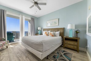 Primary Bedroom with Ocean Views, Flat Screen TV, Ensuite Bathroom and Private Balcony Access
