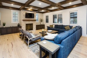 Expansive family room with games and smart TV