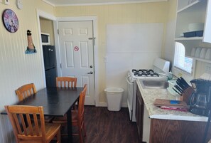 All Aboard has a kitchenette with a stove, refrigerator, microwave, and coffee.