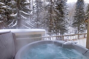 4 person Beachcomber hot tub over looking the creek in the backyard.