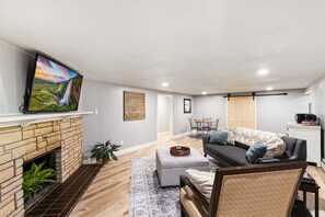 This beautiful living room is perfect for a movie night.
