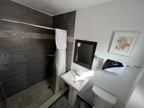 Bathroom includes: Shampoo, Conditioner, Body soap , hand soap, hand towel, toilet paper.