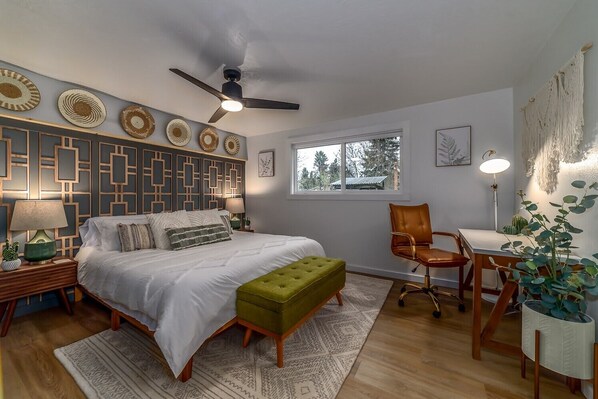 Master Bedroom features Casper king mattress, desk for workspace and dresser