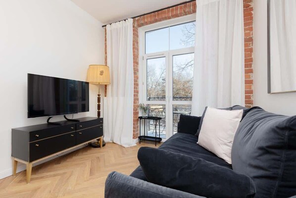 Elegant living room with TV and sofa bed.