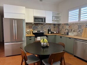 Fully stocked kitchen.