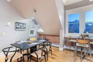Plenty of seating for enjoying meals, coffee and cocktails with amazing views of The San Juan Mountains.