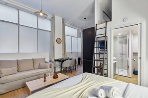 Pièce principale avec canapé lit et cuisine américaine