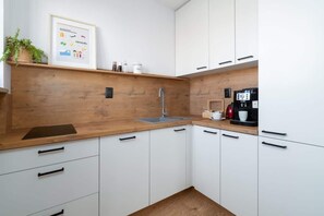 Kitchenette with an induction hob, fridge with freezer, electric kettle, coffee maker and dishwasher