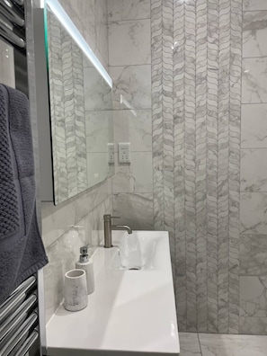 main bathroom and walk in shower