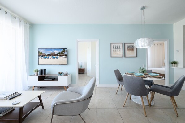 Living room overlooks gardens and fountain