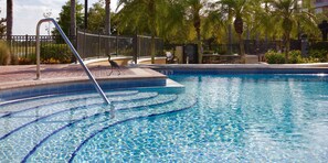 main heated resort pool overlooks lake