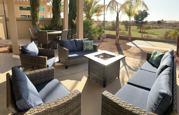 Scenic covered patio overlooking the golf course