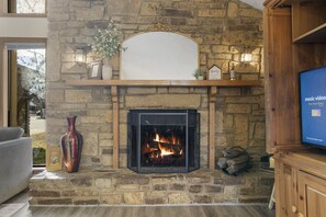 Large wood burning fireplace