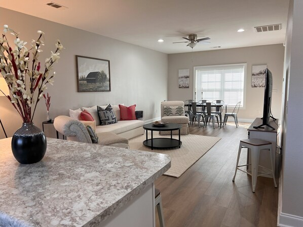 Large kitchen, living, dining area
