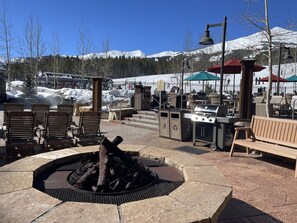 Resort's outdoor patio looking out towards ski run and ski lift
