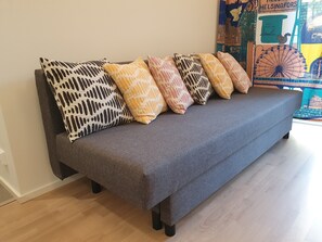 Sofa-bed that can be opened and used as a double bed. 