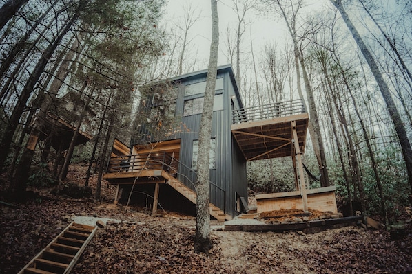 Moonshadow cabin tucked among the trees—your modern woodland escape