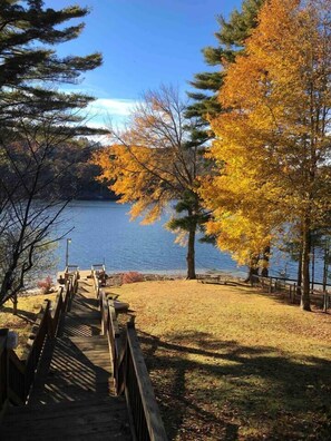 View from the deck of the house at the peak of fall foliage.