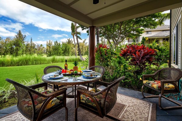 Nestled within the renowned Waikoloa Beach Resort, this stunning 2-bedroom, 2-bathroom ground-floor condo offers a serene retreat with unobstructed views of Hole #3 on the Waikoloa Beach Golf Course.