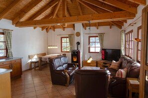 The large living room with the pellet stove.