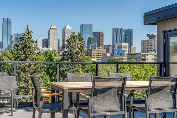 Top deck with stunning views of downtown Calgary and the sunset to the West.