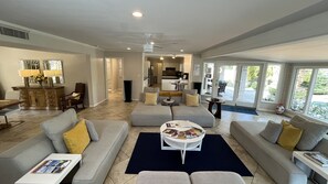 Open concept Great room, Kitchen, Dinning, with direct access to pool and patios