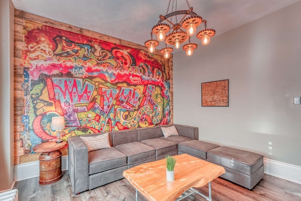 Graffiti accent wall inspired by it's urban environment