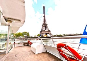 BOAT ON SEINE RIVER NEAR APARTMENT