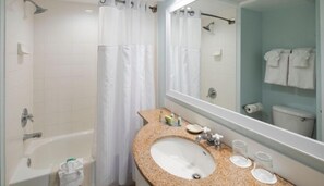 Bathroom with shower and tub. Basic toiletries and towels are provided