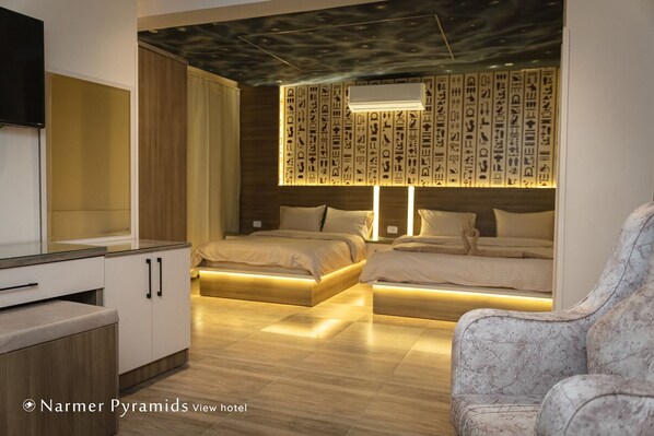 Bed wibackboards carved with ancient Egyptian hieroglyphic symbols light up