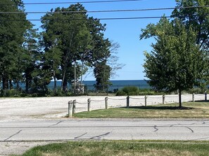 This is our pretty lake view from the front of our cottage!