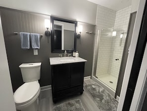 Clean and shiny bathroom with all the amenities you may need during your stay.
