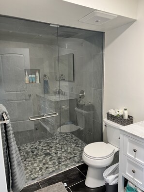 Large spacious steam shower with shampoo, conditioner and body wash!