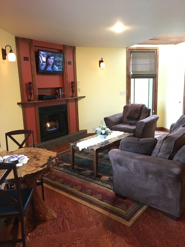 Living room with satellite television and fireplace.