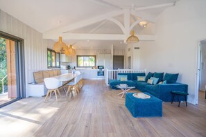 Beautiful living room with open kitchen
