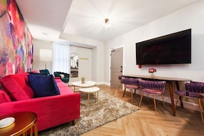 Colorful, modern seating area, perfect for socializing or relaxing after a day of exploration.