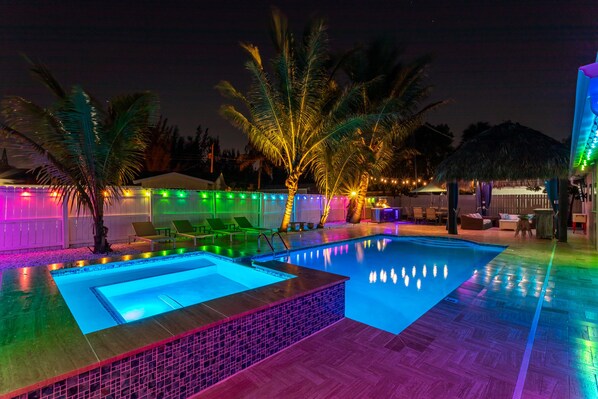 Heated Saltwater Pool & Spa By Night