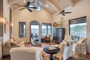 The inner living area is modern with rustic accents.