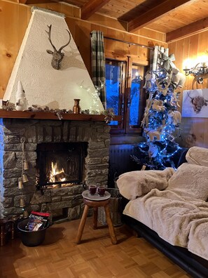 Open living room with fireplace