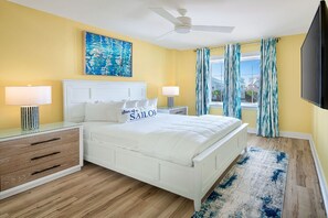 Welcoming bedroom with sunny yellow accents and a relaxing ambiance.