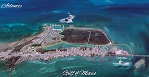 Satellite view of Marathon, showing routes to Gulf & Atlantic via boat.