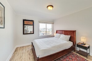 The first bedroom is right next to the bathroom at the top of the stairs.  