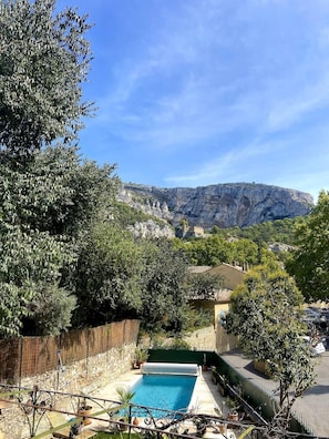 View of the pool and mountains from upstairs