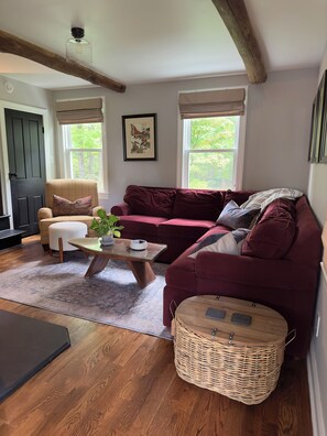 Cozy with seating for 6. Sectional + 2 chairs & ottomans, wood stove and 50” TV.