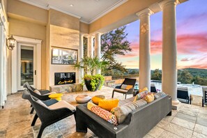 Poolside Lounge Area with a Welcoming Fireplace