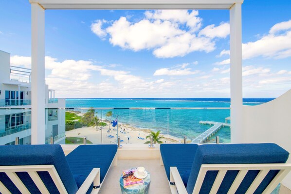 Balcony with ocean views.