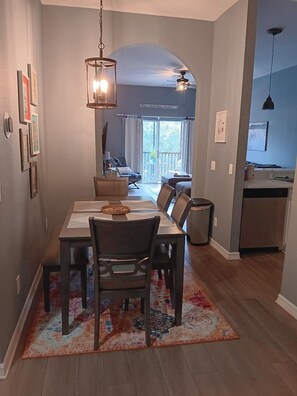 New dining room set - 4 chairs and a bench.